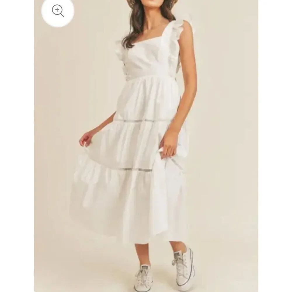 Mable Lulu Ruffle Sleeve Square Neck White Midi Dress Tie Open Back Women’s Sz S